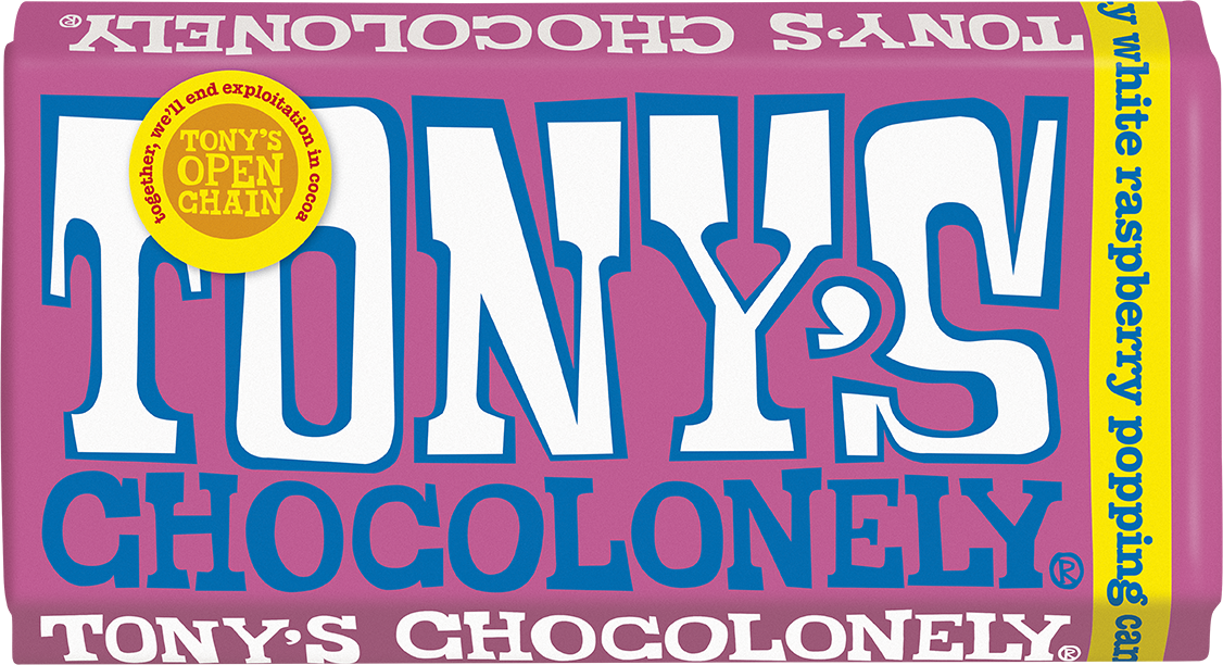 Tony's Chocolonely White Raspberry Popping Candy 180g bar front of pack