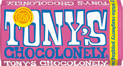 Tony's Chocolonely White Raspberry Popping Candy 180g bar front of pack