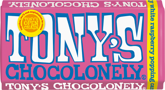 Tony's Chocolonely White Raspberry Popping Candy 180g bar front of pack