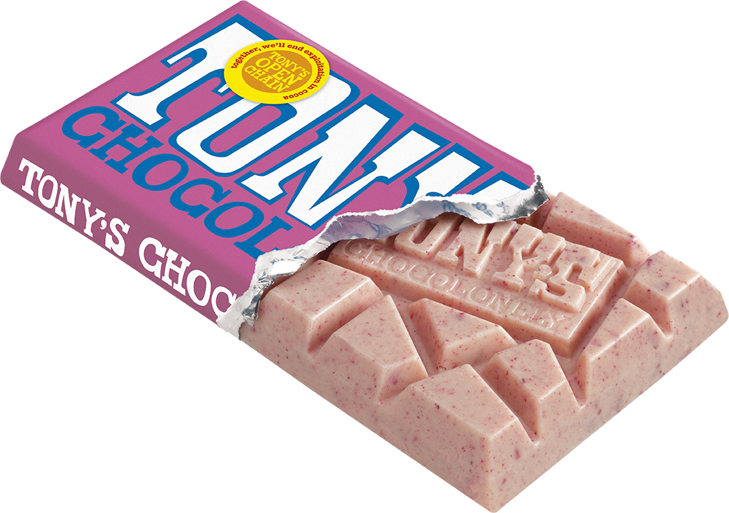 Tony's Chocolonely White Raspberry Popping Candy bar opened pack showing chunky pieces
