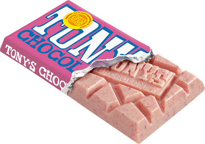 Tony's Chocolonely White Raspberry Popping Candy bar opened pack showing chunky pieces