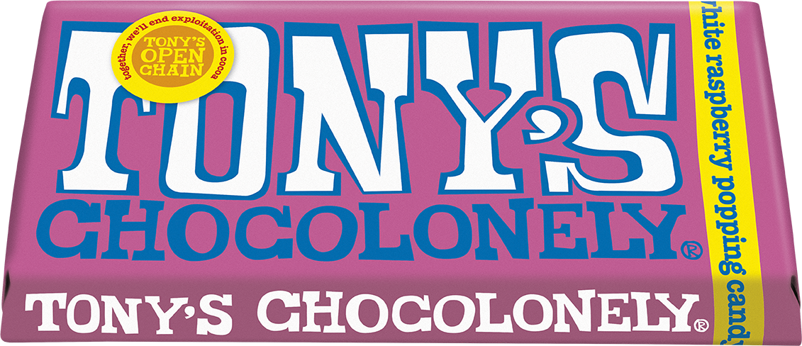 Tony's Chocolonely White Raspberry Popping Candy 180g bar tilted pack shot