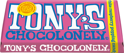 Tony's Chocolonely White Raspberry Popping Candy 180g bar tilted pack shot
