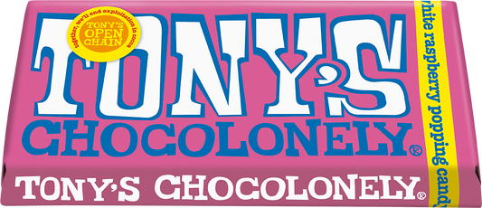 Tony's Chocolonely White Raspberry Popping Candy 180g bar tilted pack shot