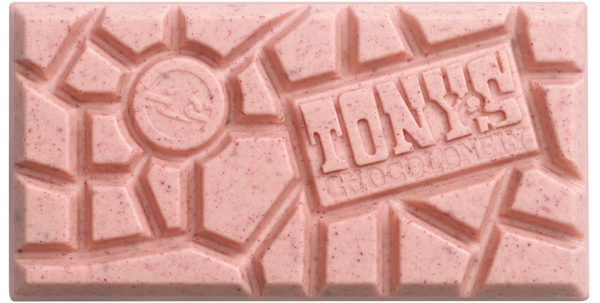 Tony's Chocolonely White Raspberry Popping Candy unwrapped chocolate bar