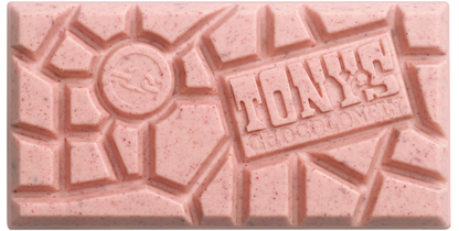 Tony's Chocolonely White Raspberry Popping Candy unwrapped chocolate bar