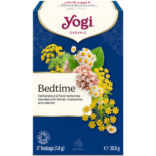 Yogi Tea Bedtime organic herbal tea box front, 17 bags