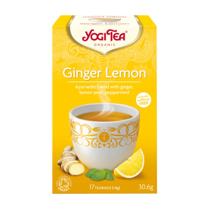 Yogi Tea Ginger Lemon organic herbal tea box, front of pack