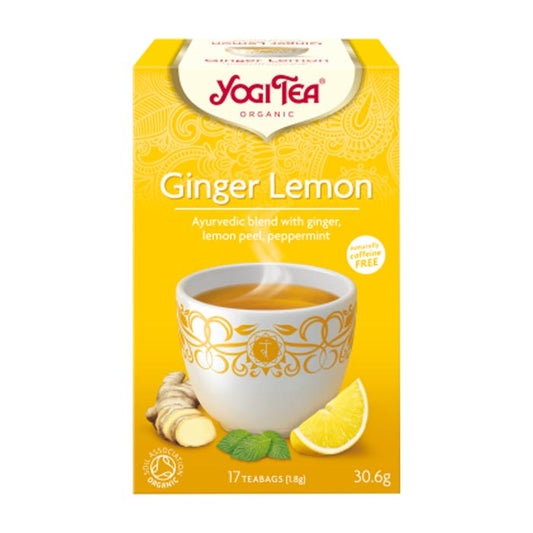 Yogi Tea Ginger Lemon organic herbal tea box, front of pack